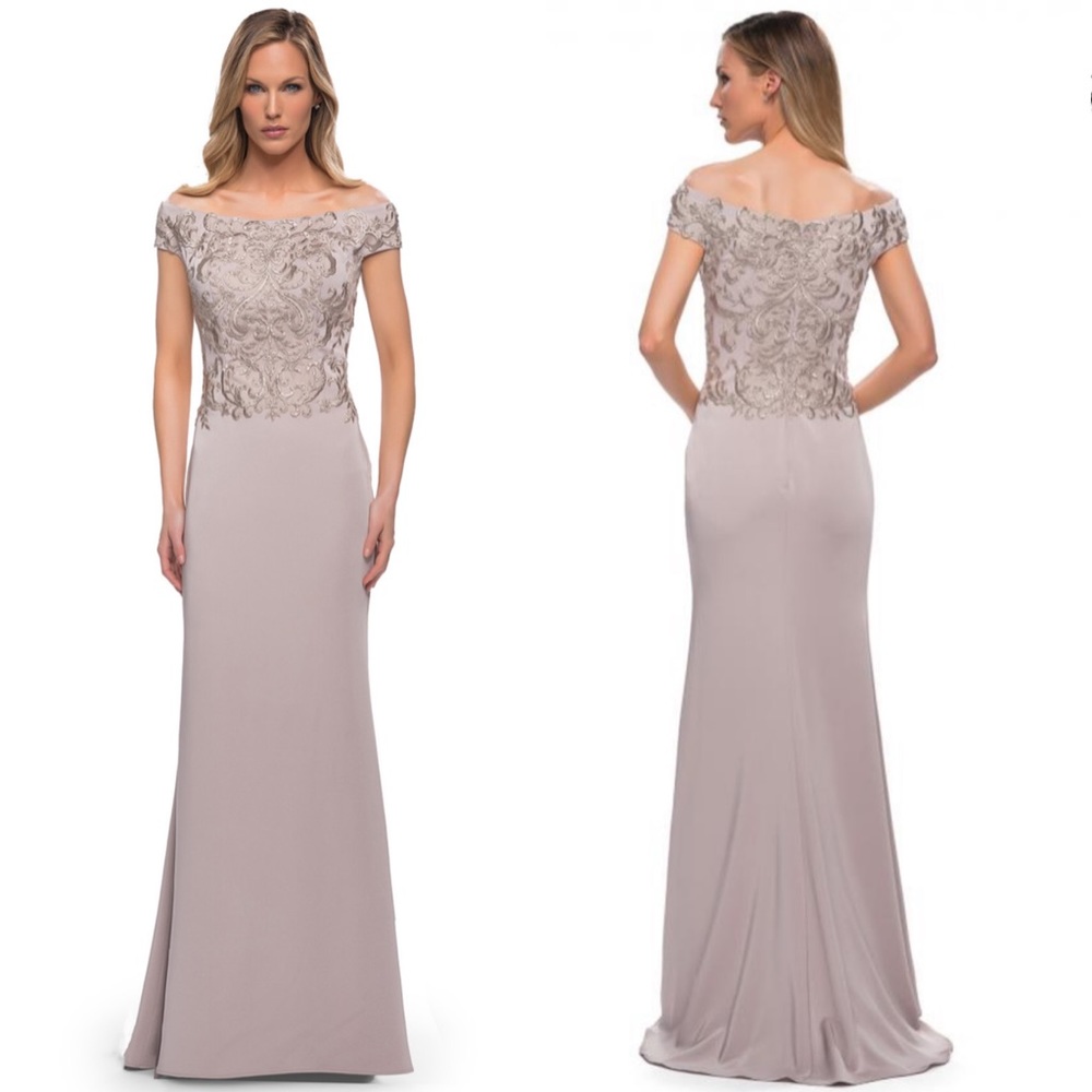 La Femme Lace Off the Shoulder Top Chic Satin Gown Light Taupe Size 14 NWOT